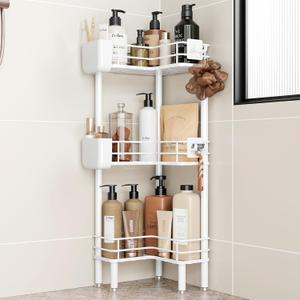 Orimade Rustproof 3 Tier Floor Standing Corner Shower Caddy Organizer with Toothbrush Holder, Large Spacing Floor Shower Shelf Rack Storage Stands with Hooks for Bathroom Kitchen, White