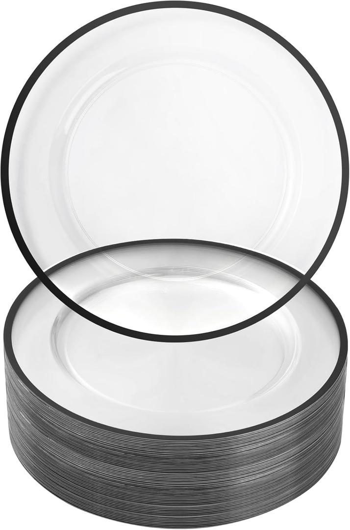 Goodluck 12 Inch Black Charger Plates, 50 Pack Clear Charger Plates with Black Trim, Disposable Plastic Dinnerware, Wedding, Party