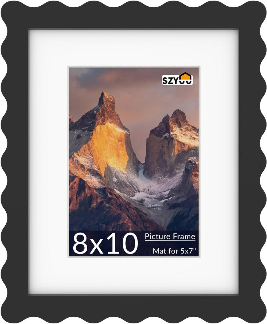 8x10 Wavy Picture Frame with Mat for 5x7, Real Glass and Wooden Frame - Tabletop or Wall Hanging Photo Frame(1 Pack, Black)