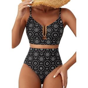 Herseas Women's U Wire Two Piece Bikini Sets Floral Print Swim Suits Cute Push Up Bikini Top High Waisted Bottom Flattering Bathing Suit Swim Outfits Summer Black Laser Dot Medium