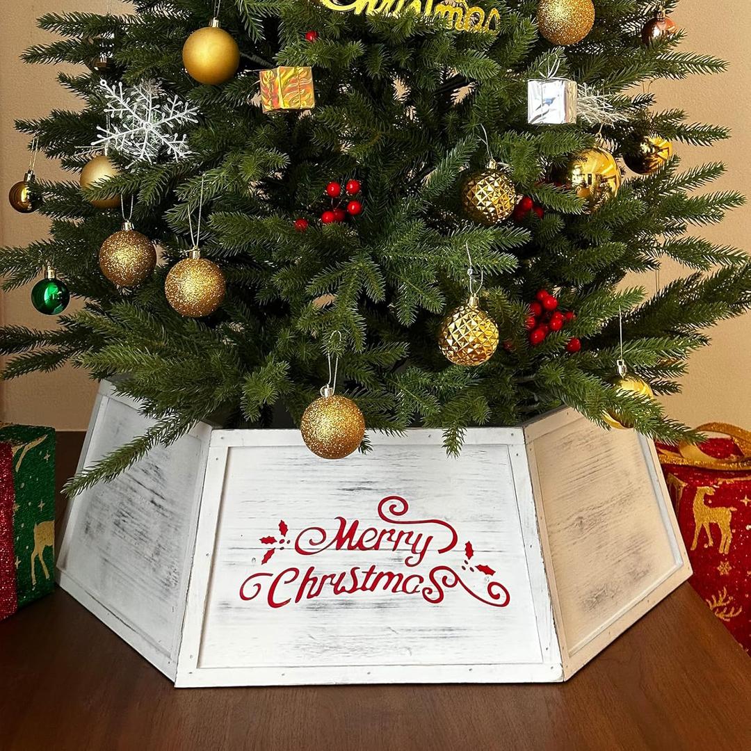Wood Tree Collar,28.7" White Christmas Tree Collar for Artificial Trees, Vintage Hexagon Natural Wooden Christmas Tree Stand Cover,Farmhouse Rustic Christmas Tree Box Base