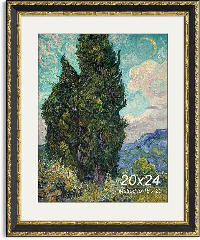 Yaetm 20x24 Vintage Picture Frame, Ornate Antique Gold 20x24 Frame for Wall, White Mat for 16x20 Photos, 1.4-inch Wide Molding - Portrait or Landscape - Wall Mount for Home (Black/Gold, Single)