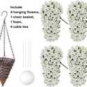 HyeFlora Artificial Faux Hanging White Flowers Plants Basket for Outdoor Outside Christmas Winter Decor, Fake UV Resistant Realistic Morning Glory Flowers for Porch Home Balcony Yard Patio Decoration