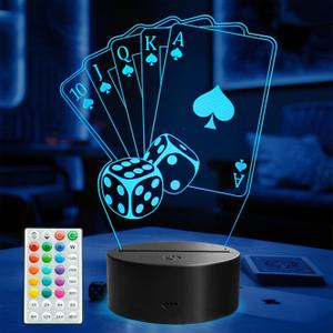 Poker Night Light, 3D Illusion Lamp with 16 Colors Changing, Timer, 4 Flash Modes and Dimmable, Poker Cards Decor Playing Cards Dice for Casino Decorations, Man Cave Lights Poker Accessories