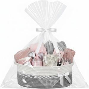 Colingmill Mother's Day Woven Gift Basket Empty for Women with Handles Ribbons Bow Tie Bag, Decorative Woven Gift Basket for Mom, Rope Storage Box Home Decor(14 x 10 x 5.5 Inch,Gray White)