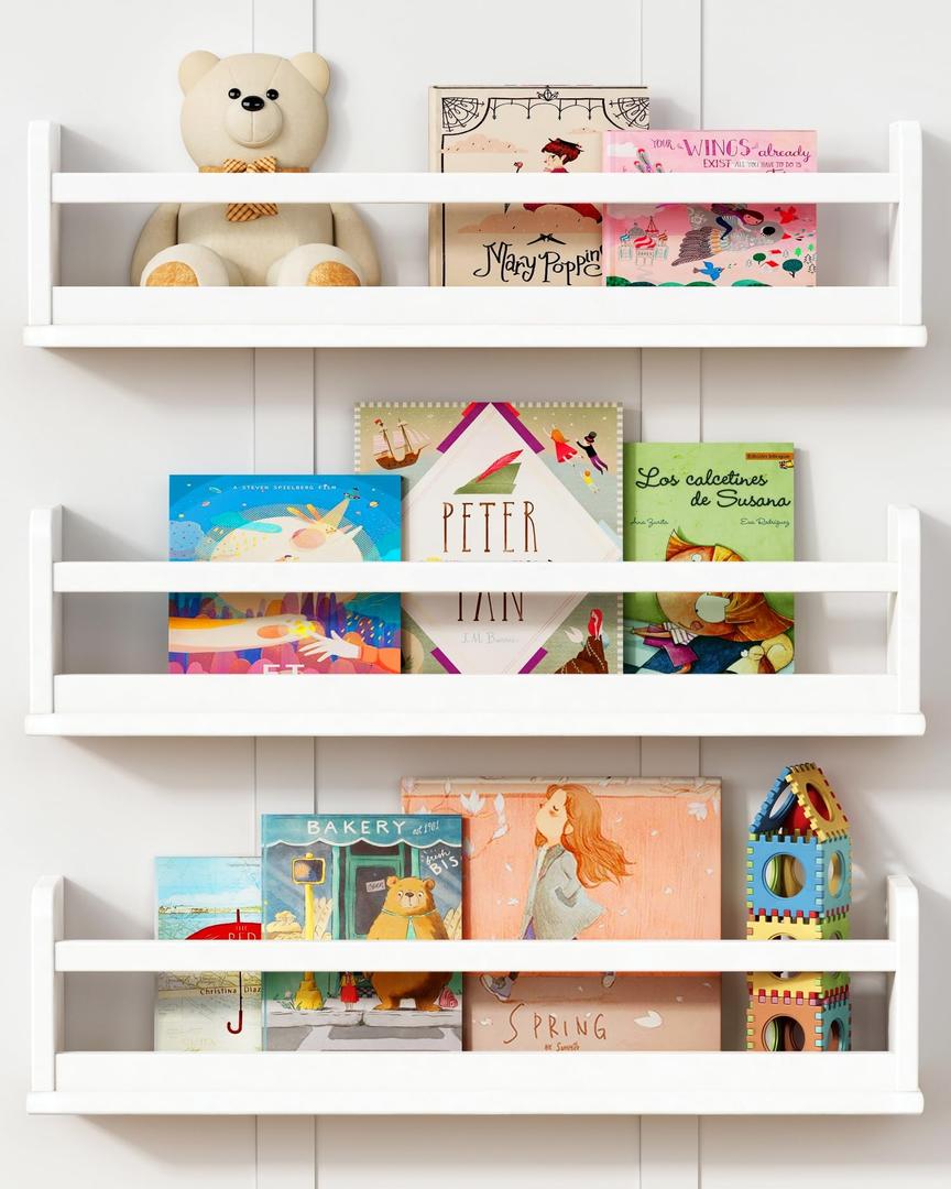 MBYD White Floating Book Shelf for Wall, Nursery Book Shelves, Solid Wooden 24 Inch Wall Mounted Shelves, for Clothing Rack Nursery Toy Decor Set of 3 Same Dimensions