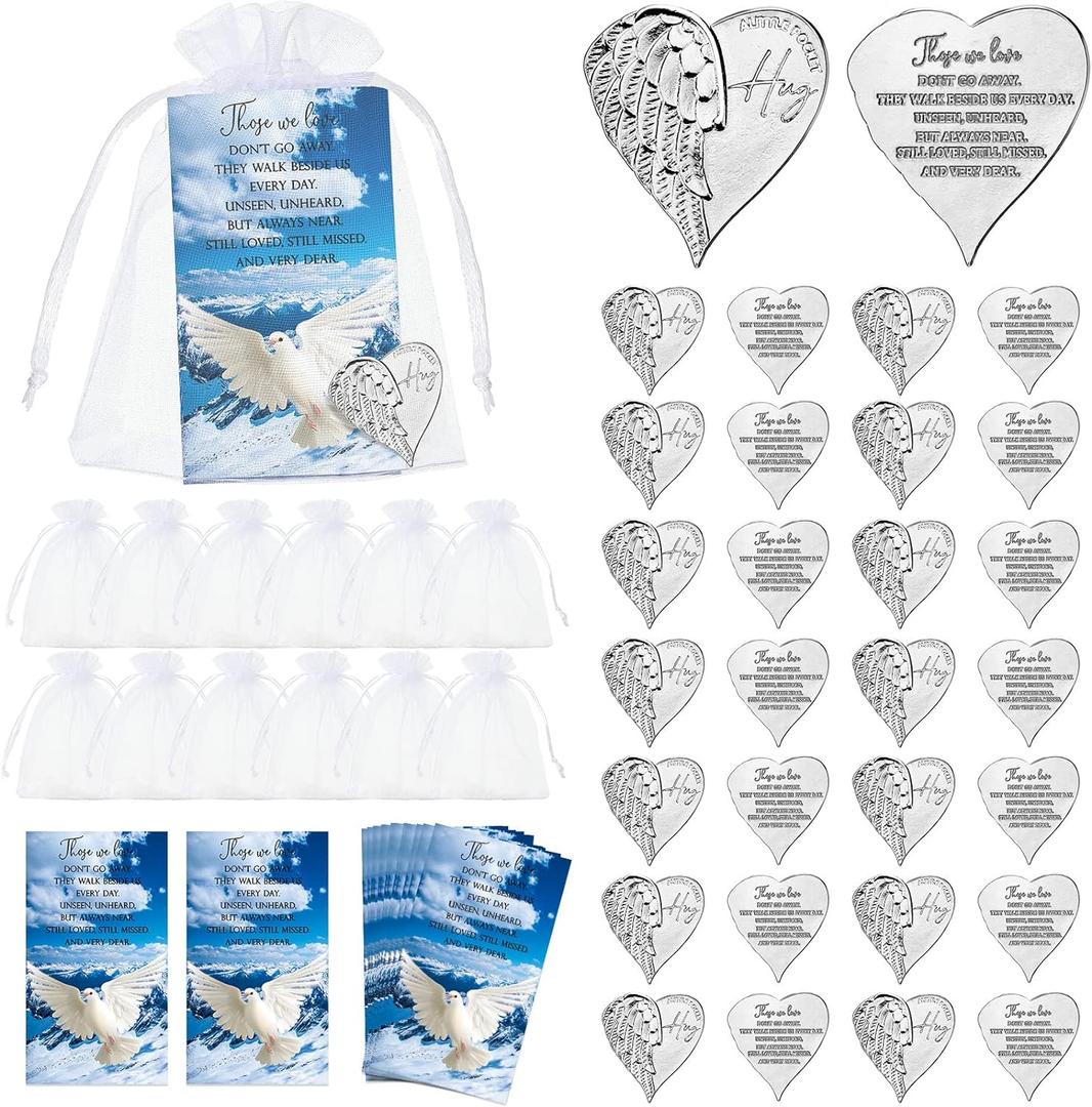 Sureio 90 Pieces Funeral Favors for Celebration of Life Heart Pocket Hug Token with Funeral Prayer Cards and Organza Bags As a Keepsake for Family Church Memorial Celebration of Life Gifts