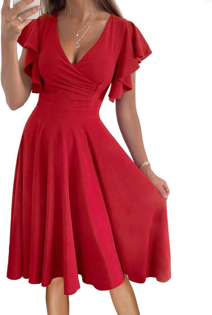 Women's Cocktail Dress Wrap V Neck Ruffle Short Sleeve A Line Work Formal Wedding Guest Midi Dress with Pockets (Red, S)