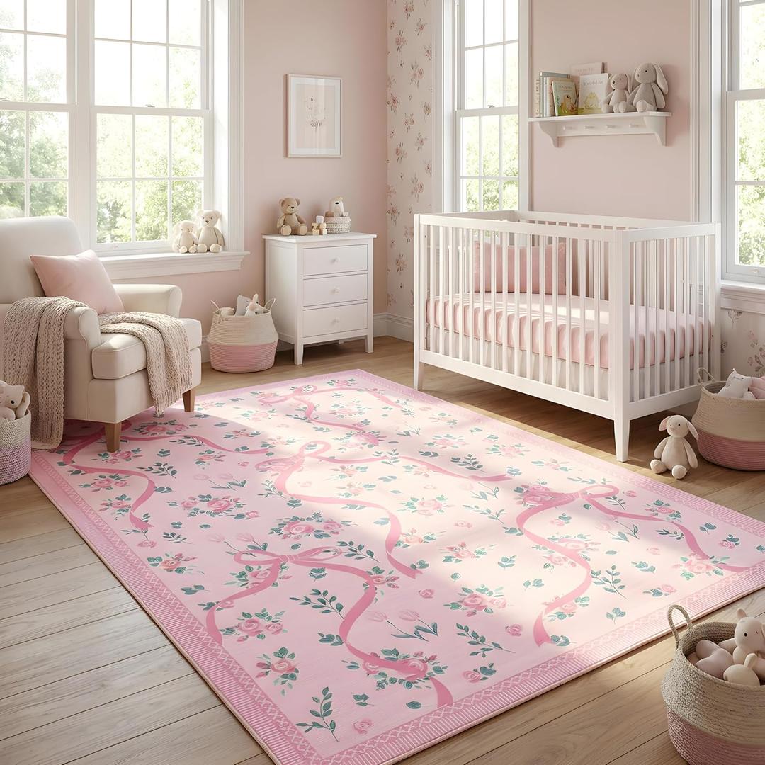 GarveeHome Coquette Pink Bow Rugs for Bedroom Girls, 4x6 Rug for Living Room with Soft Low Pile, Floral Washable Area Rug for Nursery Kids Dorm Playroom