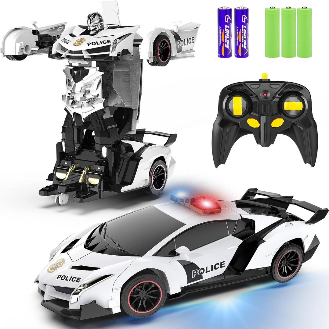 FDJ Remote Control Car - Transform Toys Car Robot, One Button Deformation to Robot with Flashing Light, 2.4Ghz 1:18 Scale Transforming Police Car Kids Toys with 360 Degree Rotating, Girls Boys Toys (White)