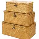 Yesland Shelf Baskets with Lid Set of 3, Handwoven Seagrass Storage Bins Box Rectangular Seagrass Basket Storage Organizer Wicker Basket for Shelf