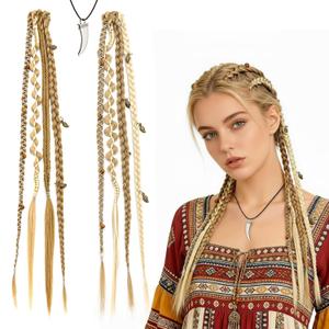 2PCS Boho Dreadlock Clip in Braids, Viking Hair Extensions Golden Blonde, 16 Inch Synthetic Braided Hair with Beads and Charms for Women Cosplay