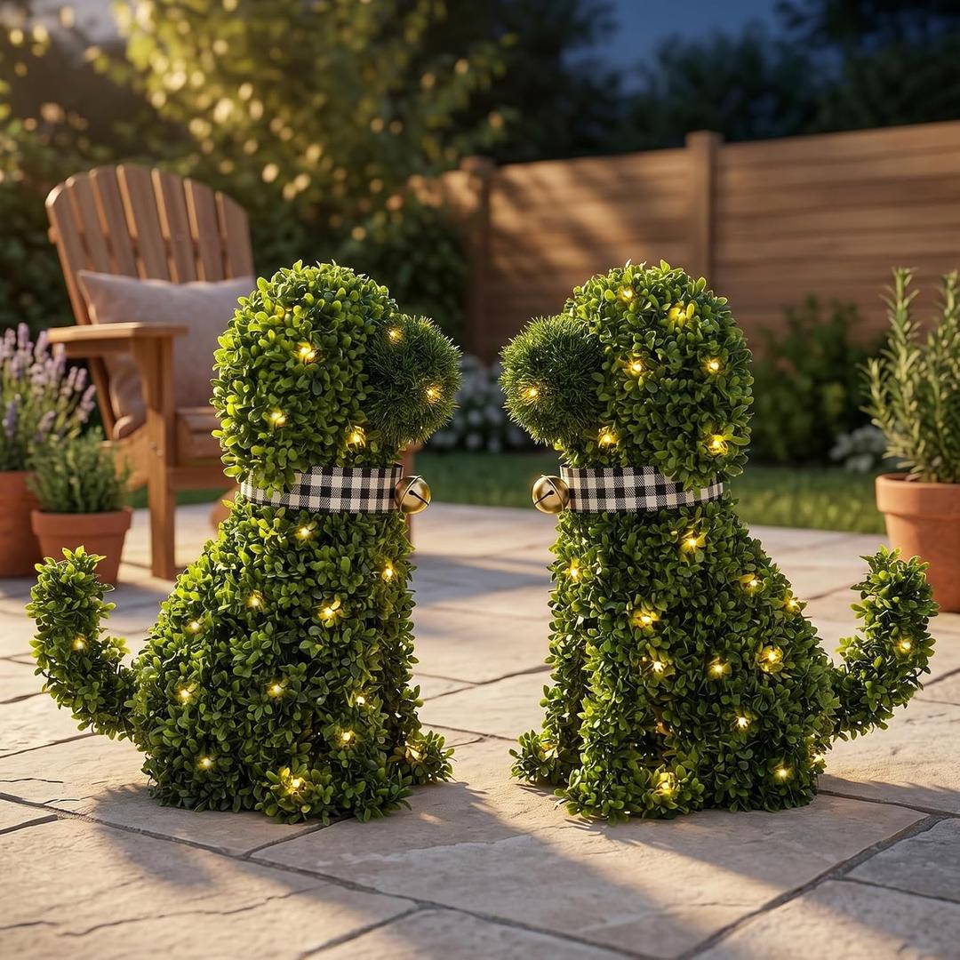 Lighted Dog Topiary Outdoor Decorations - Set of 2, 19 Inch Artificial Greenery with 50 LED Lights Each, Battery Operated Freestanding Faux Plant Puppy for Front Porch, Entryway, Patio, Garden Decor