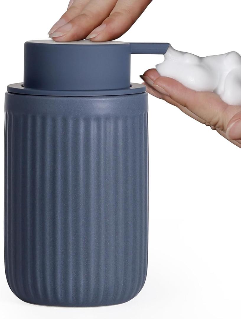 INGOFIN Ceramic Foaming Soap Dispenser - 12oz Foam Hand Soap Dispenser Bathroom, Modern Refillable Dish Dispenser with Pump for Kitchen, Matte Blue