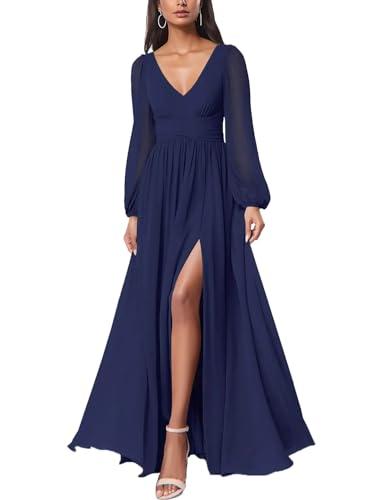 firfig Women's Elegant Mesh Long Sleeve Flare Maxi Dress Tie Low Back Formal Cocktail Maxi Dresses Wedding Guest, Navy Blue X-Large