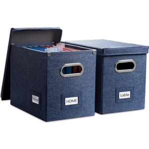 PRANDOM File Organizer Box - Set of 2 Collapsible Decorative Linen Filing Storage Hanging File Folders with Lids Office Cabinet Letter Size Navy Blue (14x9.3x10.8 inch)