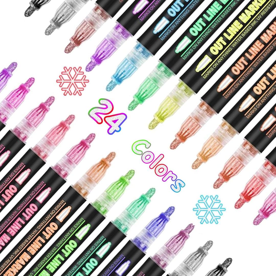 Shimmer Markers Double Line Outline Markers, 24 Color Squiggles Set for Drawing, Art School Supplies, Cards Lettering, Gift for 4-12 Year Old Girl
