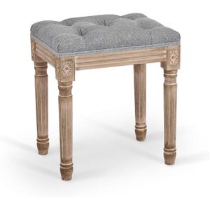 VONLUCE French Vintage Foot Stool with Rustic Wood Legs and Padded Seat, 18.5" High Memory Foam Upholstered Vanity Stool and Entryway Bench,Tufted Fabric Ottoman Stool for Bedroom Living Room, Gray (Gr