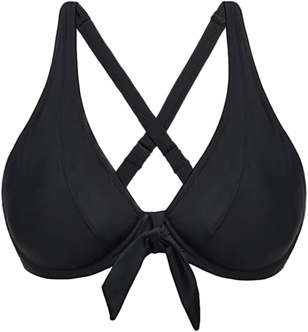 Women Underwire Bikini Top Only - Knot Front Bathing Suit Top Swim Bra Push Up Swimsuits Top (Large, Black)