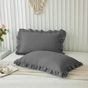 Microfiber Ruffle Pillow Shams Standard Size Set of 2, 20X26 - Solid Ruffled Fringe Design Pillow Cases Soft & Breathable - Unique Collection Decorative Pillow Covers 20X26 - Dark Grey