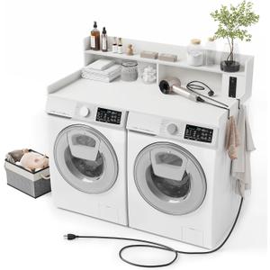 Washer Dryer Countertop 54''W Laundry Topper for Folding Clothes, White
2-Tier laundry countertop with power outlet, raised edge, non-slip pads, metal hooks and storage basket