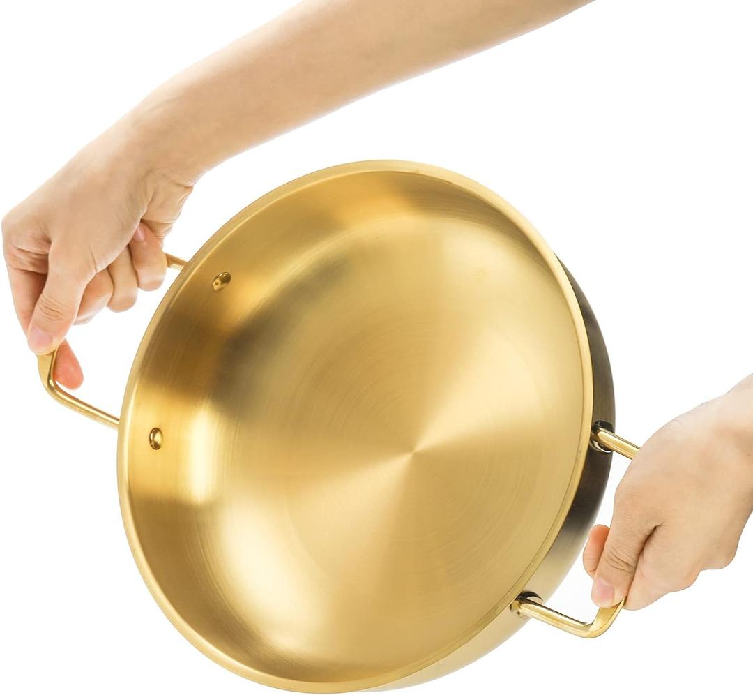 Okllen Set of 2 Korean Ramen Noodle Pot with Handles, Stainless Steel Everyday Pan, Golden Korean Cooking Pot for Soup, Noodle, Pasta, Home and Outdoor, Dishwasher Safe, Size 7", 8.7"
