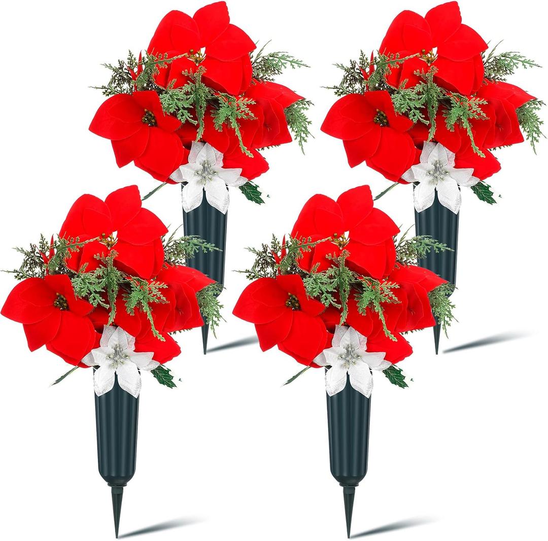 4 Set Christmas Artificial Cemetery Flowers Outdoor Grave Decorations Poinsettia Memorial Flowers Accompanied by 2 Long Nail Vases Lasting and Non Bleed Colors for Cemetery Home Decoration