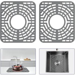 Snuggery 2PCS Silicone Sink Protector 12"x14" Center Drain Hole, Heat Resistant Non-slip Dishwasher Suitable,Mat for Bottom of Farmhouse Kitchen Stainless Steel Sink(Grey)
