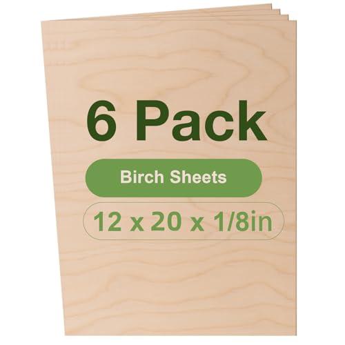 Rowood 6 Pack Birch Plywood 1/8,12x20x1/8inch,3mm Thick Unfinished Wood for Laser Cutting and Engraving,DIY Ornaments,Wood Burning,Models Drawing