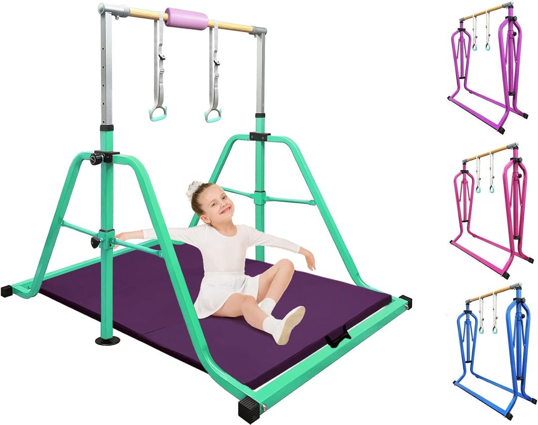 Foldable & Moveable Gymnastics Horizontal Bar with Rings,3to 5Adjustable Height Expandable Junior Kip Bar for Home,Indoor Gym Equipment for Kids