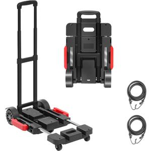 Folding Hand Truck Dolly, 220 lb Portable Utility Cart with Expandable Base, 3 Adjustable Heights, 5-Wheel Collapsible Luggage Cart with 2 Ropes for Moving, Office and Travel