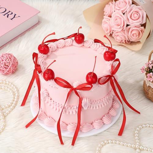 Shappy Cherry Bow Cake Decoration Pink Fake Heart Cake with Realistic Artificial Cherries Toppers and Bows Coquette Room Decor for Birthday Wedding Bridal Shower Party Supplies Dessert Display Photo Props