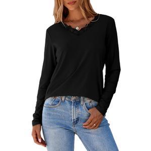 Dokotoo T Shirts for Women Casual Long Sleeve V Neck Lace Trim Tops Lightweight Solid Color Basic Tees Blouses (XL)