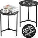 2 Packs 13" Metal Outdoor Side Tables Small Black Outside End Table for Patio Round Accent Corner Stand for Small Spaces Weather-Resistant Coffee Table for Balcony Porch Plant Stand, Bamboo Leaf