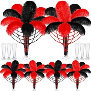Yuxung 6 Sets Wedding Table Centerpiece Accessories Including 159 Pieces Natural Ostrich Feather Bulk Plastic Vases and Beads Necklaces for Wedding Home Party Centerpiece Supplies(Black, Red)