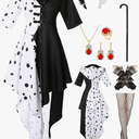 9pcs Women Black and White Dalmatian Costume Dress Up Full Set with Wig for Halloween Cosplay, Large
