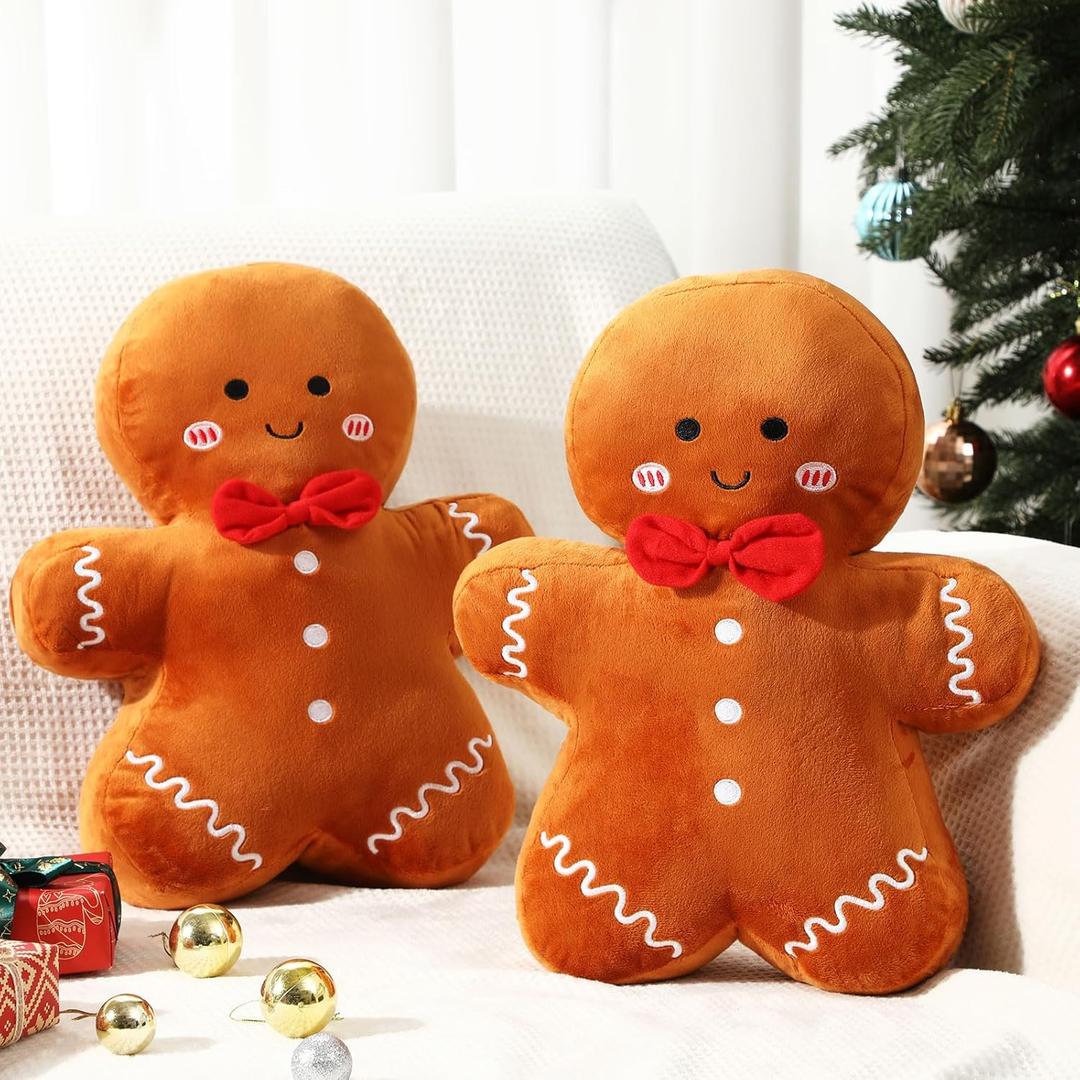 Shellwei 2 Set Christmas Gingerbread Man Pillows 15.75 Inch Soft Pillows Xmas Throw Decorations for Winter Home Couch Sofa Chair Bedroom Living Room Party Decor