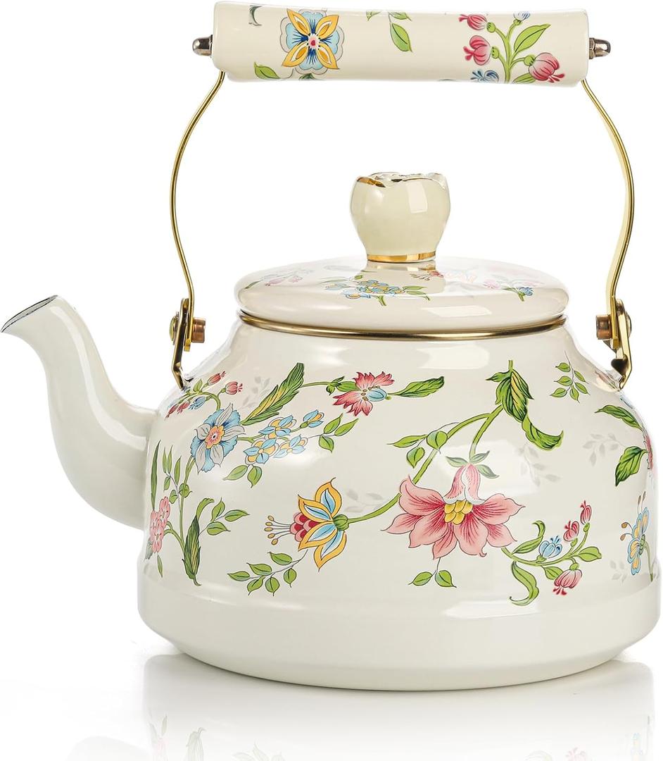 Jucoan 2.6 Quart Vintage Enamel Tea Kettle, Green Floral Stovetop Water Kettle Teapot with Porcelain Handle for Home Kitchen Camping Tea Party, Gift for Bridal Shower Wedding Housewarming (Gold)