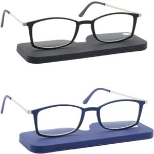 Lightweight thin Square Reading Glasses Slim Mini Pocket Readers for Women Men with Portable Case (2 Packs(black,blue))
