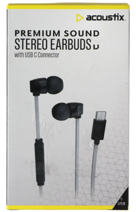Acoustix Premium Sound Wired Stereo Earbuds with USB-C Connector - Gray / Black