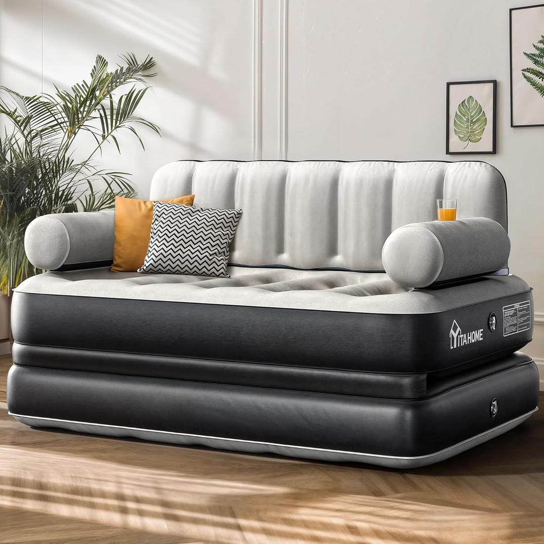 YITAHOME Queen Size Air Sofa Bed Mattress with Headboard and Pump, Blow Up Couch Inflatable Bed for Home Living Room, 79" x 60" x 25" (Expanded Size, Black)
