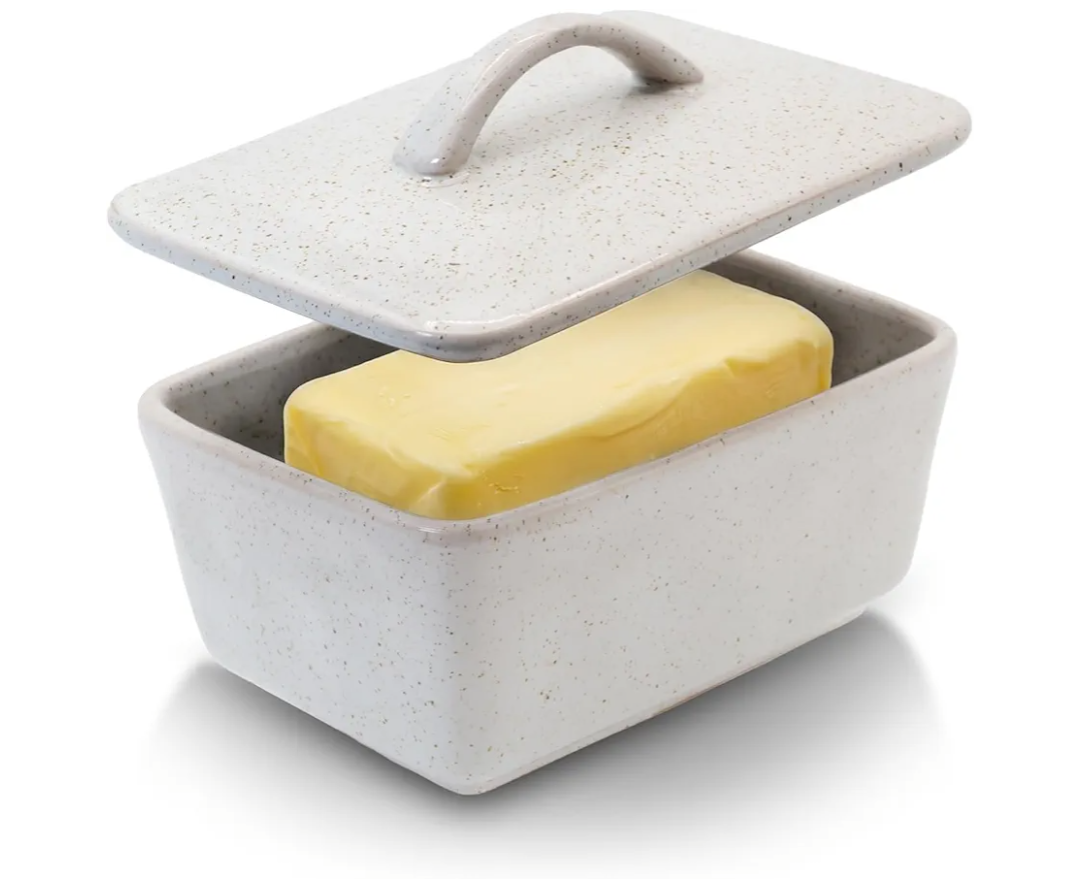 Ceramic Butter Dish with Lid for countertop, Vintage European Butter Holder, 5.55" Large Covered Butter Container,Farmhouse Decor,Dishwasher Safe (Grey)