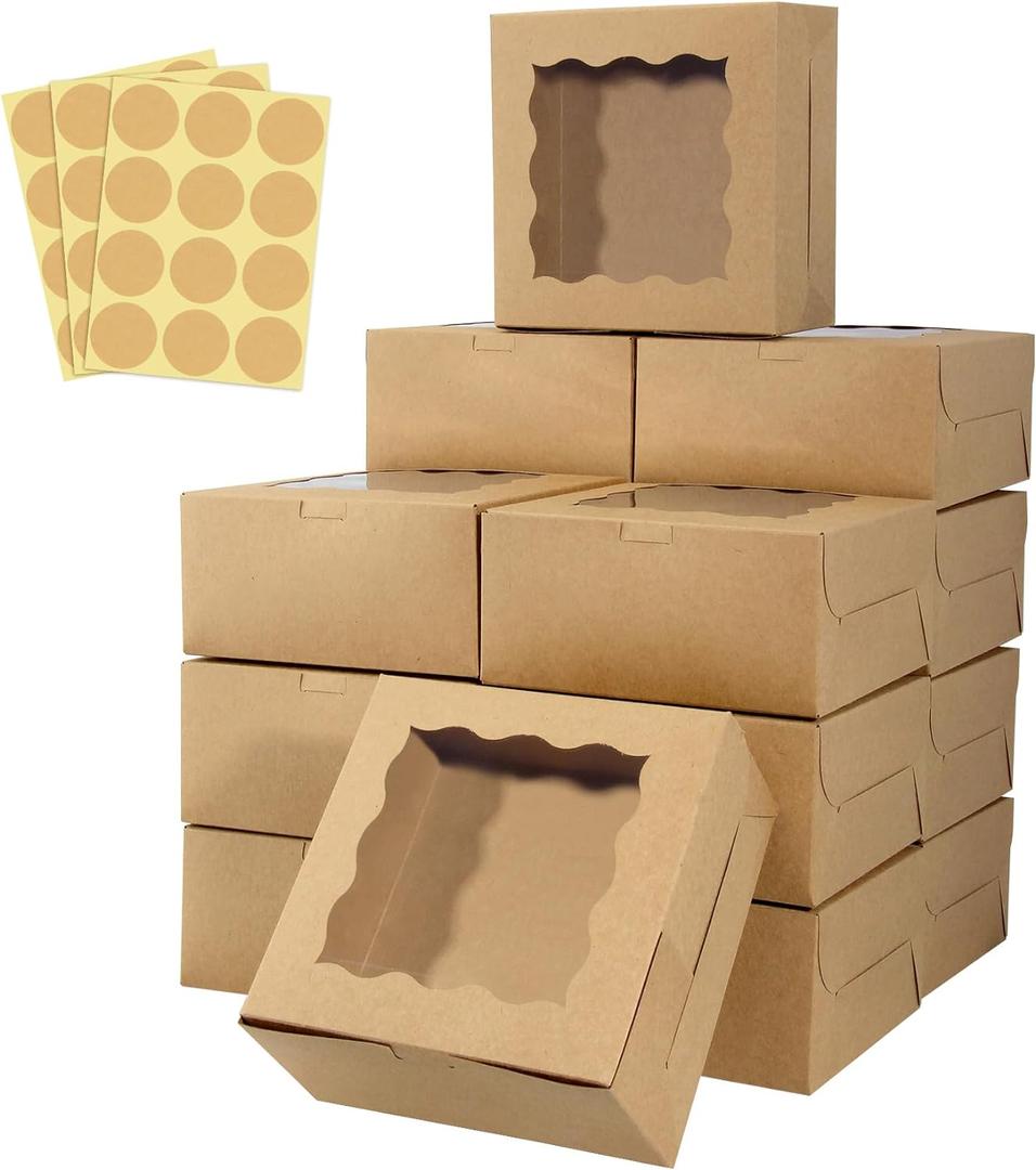 HawHawToys 60 pcs Bakery Boxes with Window, 6 x 6 x 3 inches, Kraft Cookie Boxes Pastry Boxes for Baked Goods (Brown)