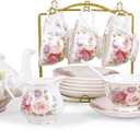 fanquare European Porcelain Coffee Set, Pink Women Tea Set, Bone China Tea Set, Vintage Floral Coffee Tea Pot with Cups