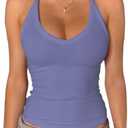 Danysu V Neck Racer Back Tank Top for Women Padded Ribbed Long Tank Fitted Basic Cami Tops, M