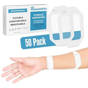 Houseables Waterproof Bandages, Transparent Film Dressing, Waterproof Bandages Post Surgical, for Wound Cover, Showering, Patches for Skin, Swimming, Tattoo, Medical, IV, Clear, 4x4 3/4, 50 Pack
