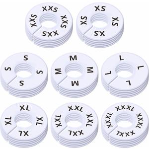 40 Pack Round White Plastic Clothing Size Closet Rack Dividers Hangers, Preprinted in 8 Sizes XXS, XS, S, M, L, XL, XXL, XXXL (Outer 3.5, Inner Diameter 1.38)