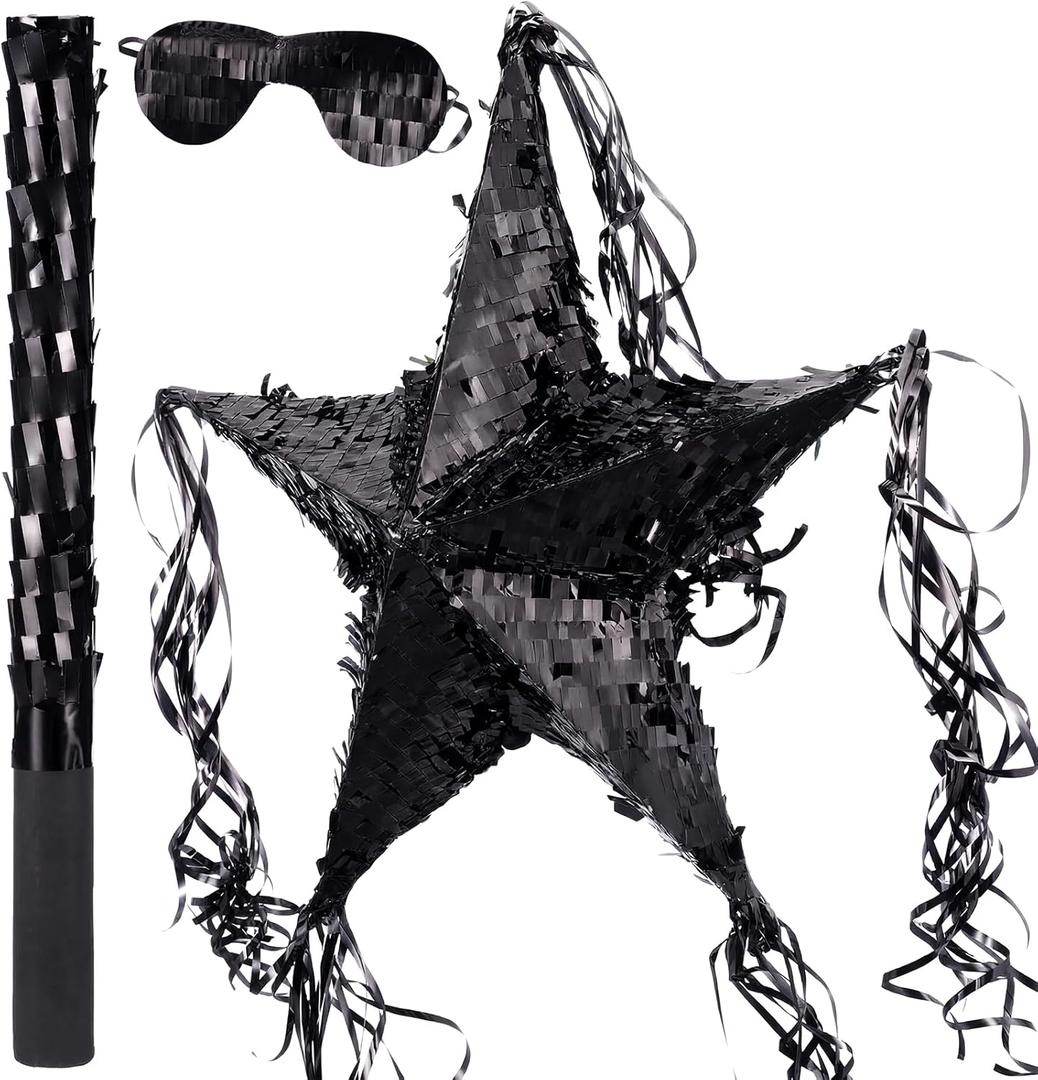Hanaive Foil Star Piata with Blindfold and Bat for Birthday Foldable Star Shape Piata with Stick Festive Fiesta Party Supplies Favors for Mexican Party(Black) (23.6 x 23.6 Inches)