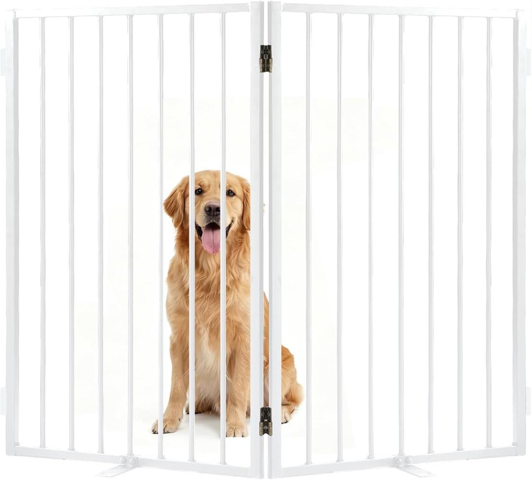 Metal Freestanding Dog Gate with Cat Door for Indoor & Outdoor,30" Tall Foldable Dog Fence,40" Extra Wide Freestanding Pet Gate for Large Openings,RV Camping,Stairs,Deck,Yard,Doorways(2 Panels,White)