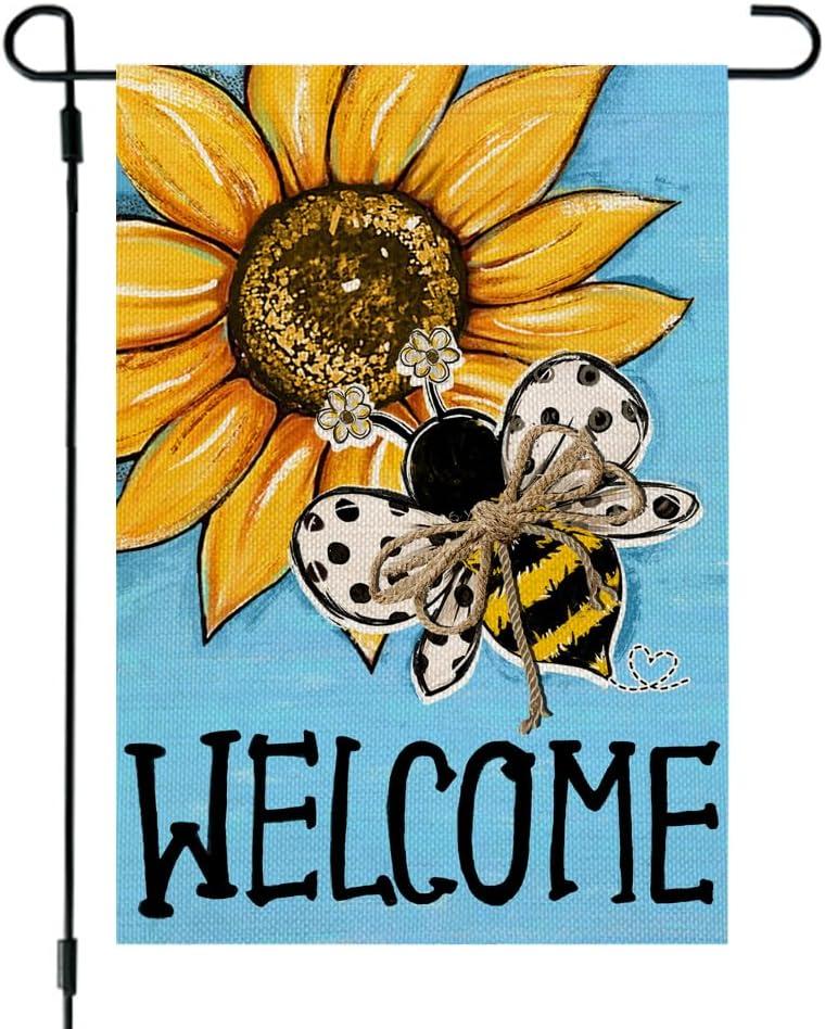 3 x CROWNED BEAUTY Spring Summer Sunflower Bee Garden Flag Double Sided 12x18 Inches Small Burlap Seasonal Welcome Yard Decoration for Outside Porch (Blue) CF1795-12